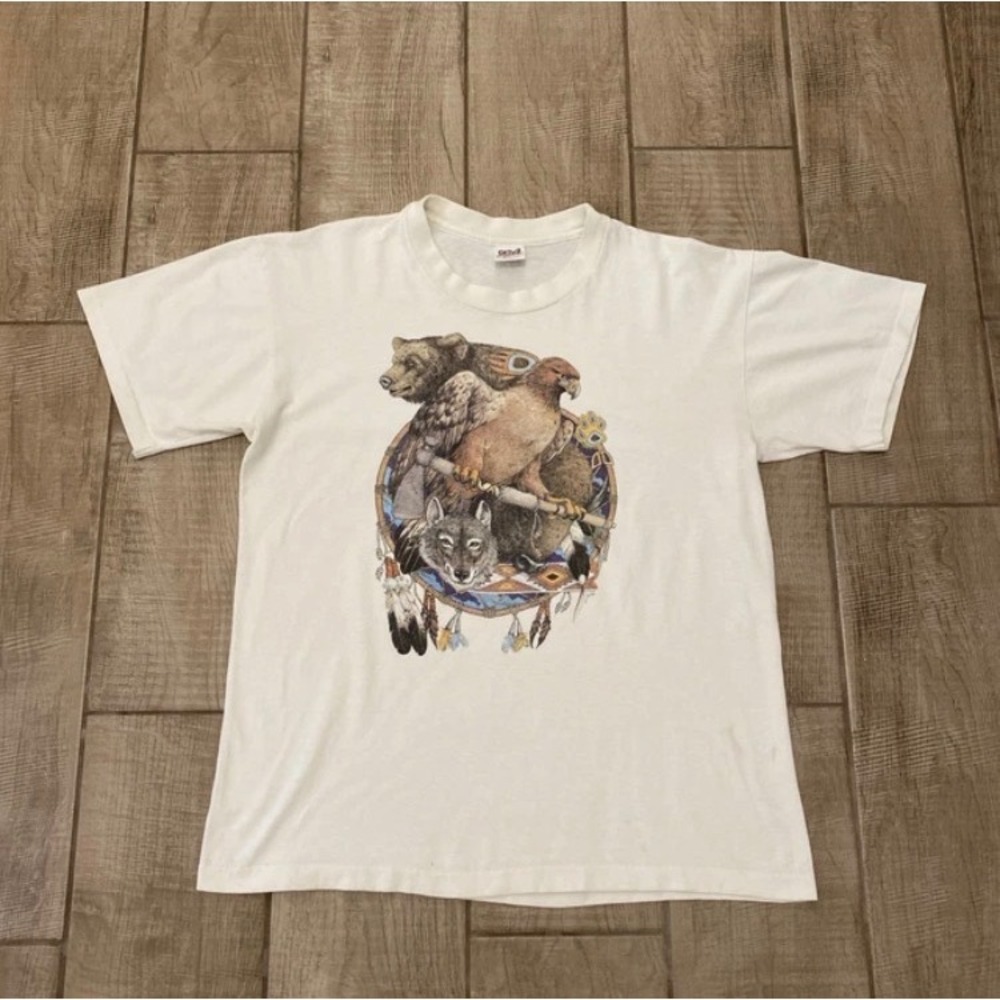 VTG Short Sleeve T-Shirt L Single Stitch USA Native American Dream Catcher Wolf